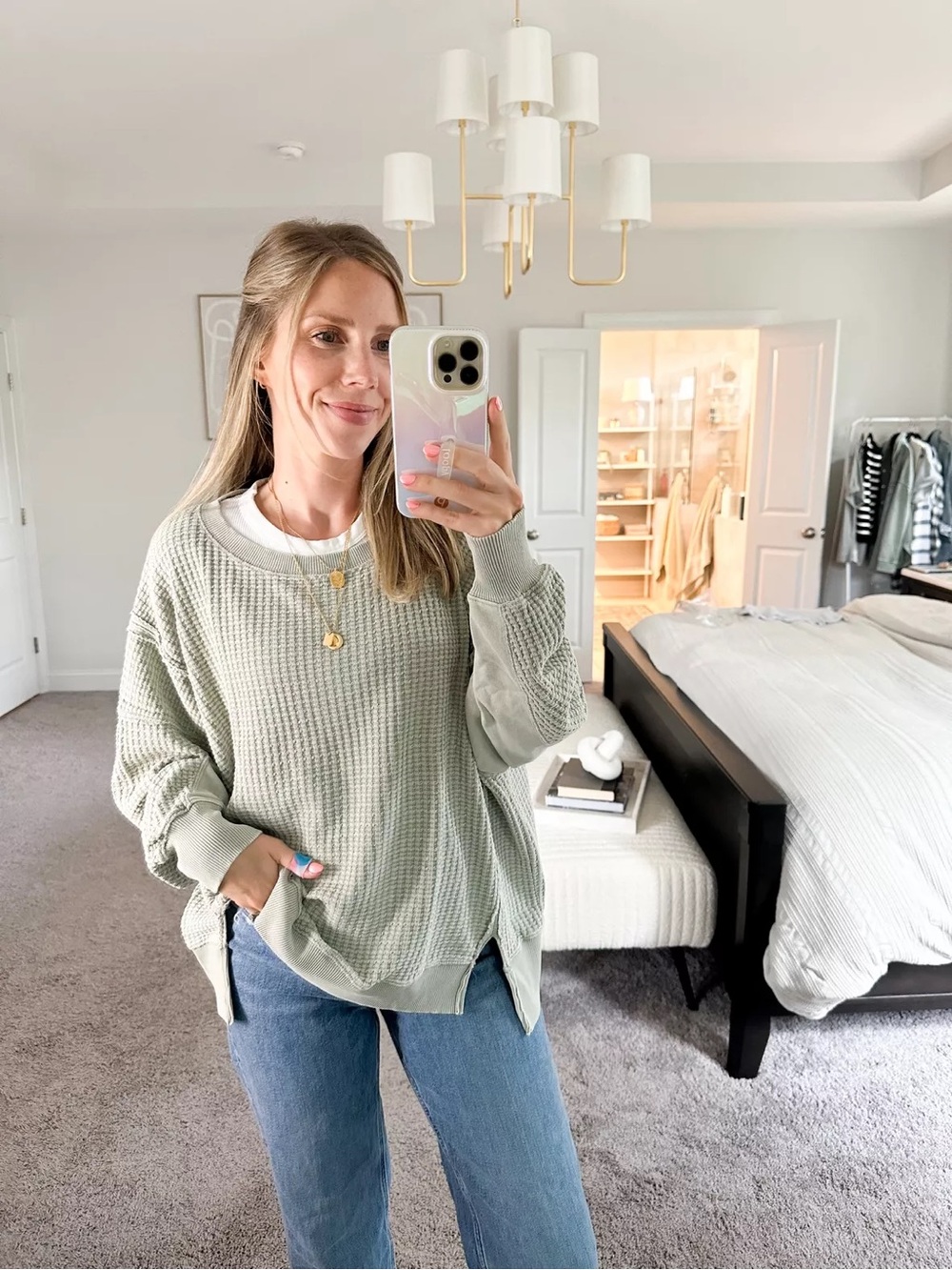 American Eagle Outfitters Waffle Knit Oversized Crewneck - Light Sage